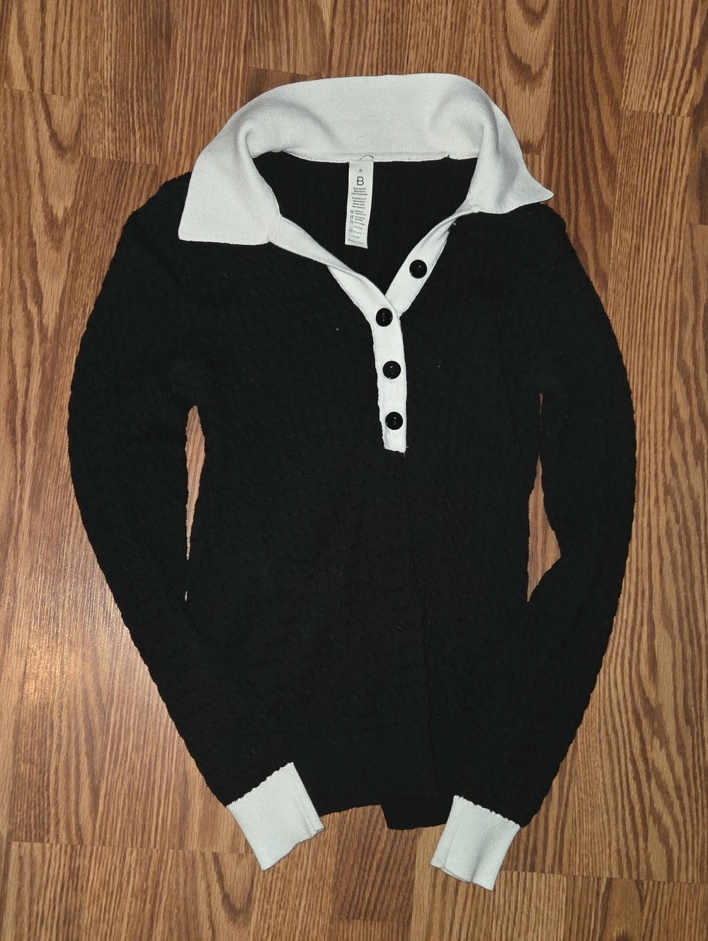 Black V-Neck Sweater with White Contrast Collar and Cuffs